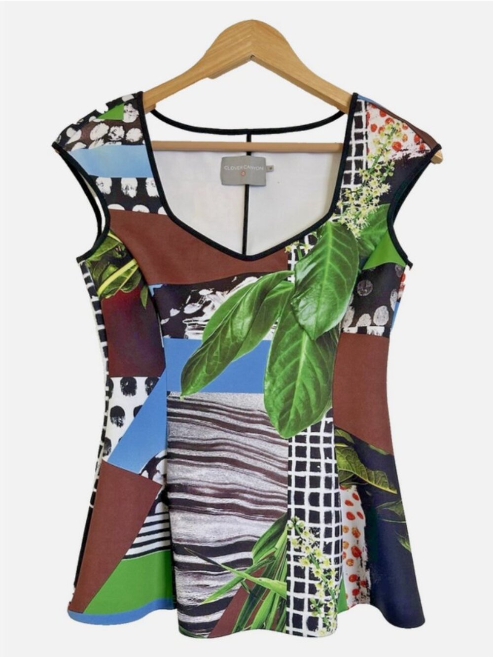 CLOVER CANYON Scuba Peplum Skater Top Size Small Tropical Leaves Tank